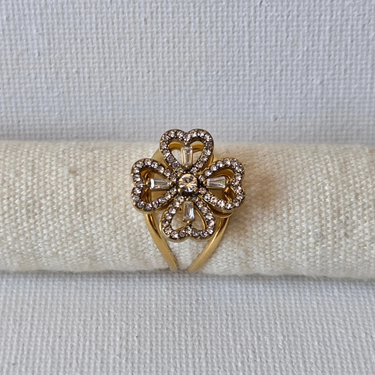 Bague femme anti stress trèfle tournant acier inoxydable doré élégant