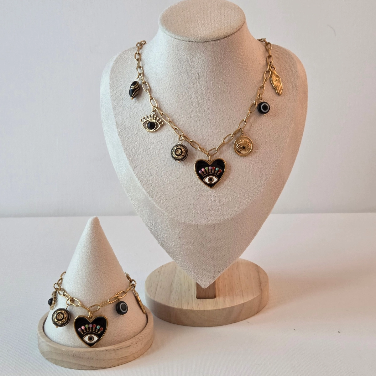Ensemble collier et bracelet acier inoxydable doré à charm noir style bohème chic femmes